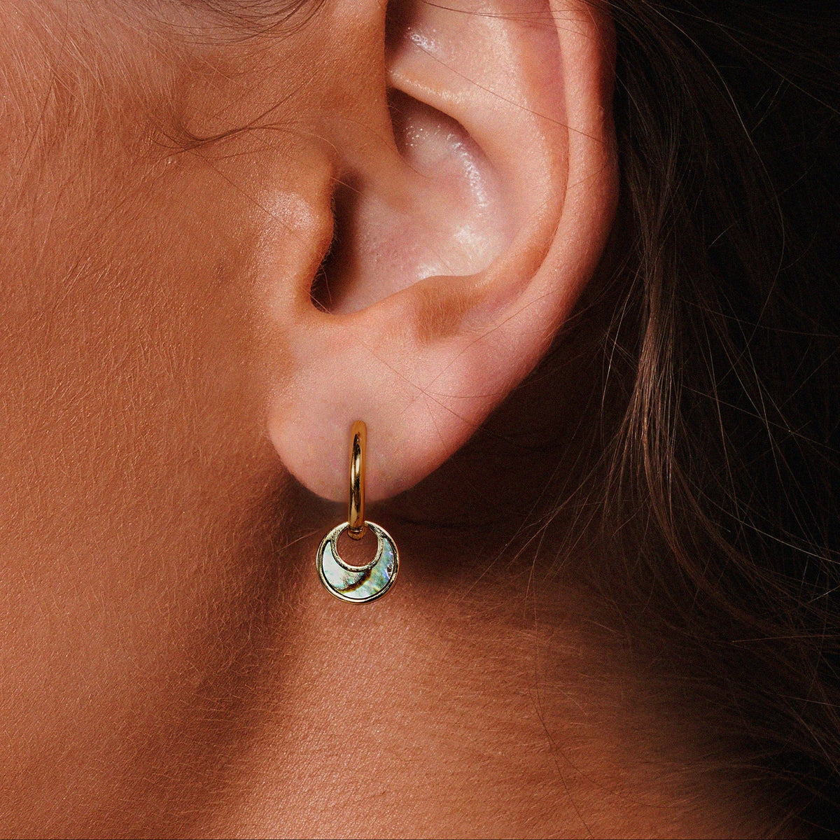 Women’s Hoop Earrings with Circular Pendant and Ornamental Inlay