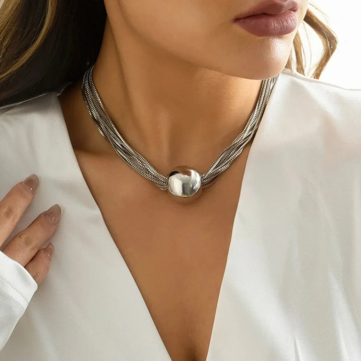 Women's 2-piece Necklace and Bracelet Set with Layered Chain Design and Ball Detail