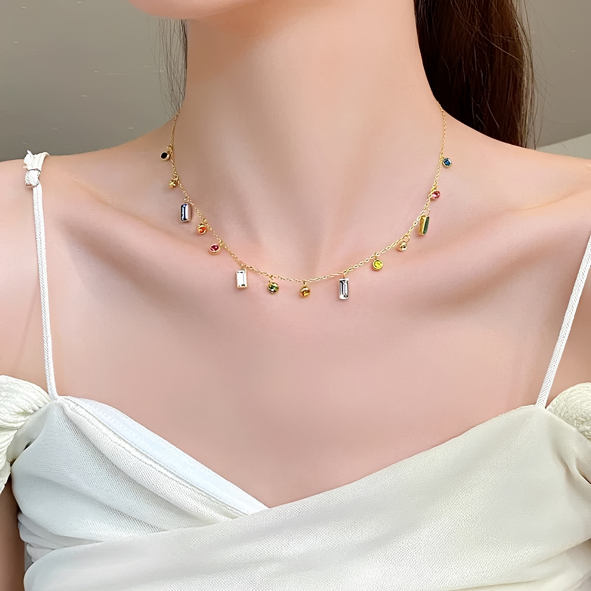 Women's Choker Necklace with Scattered Stone Accents in Round and Rectangular Shapes