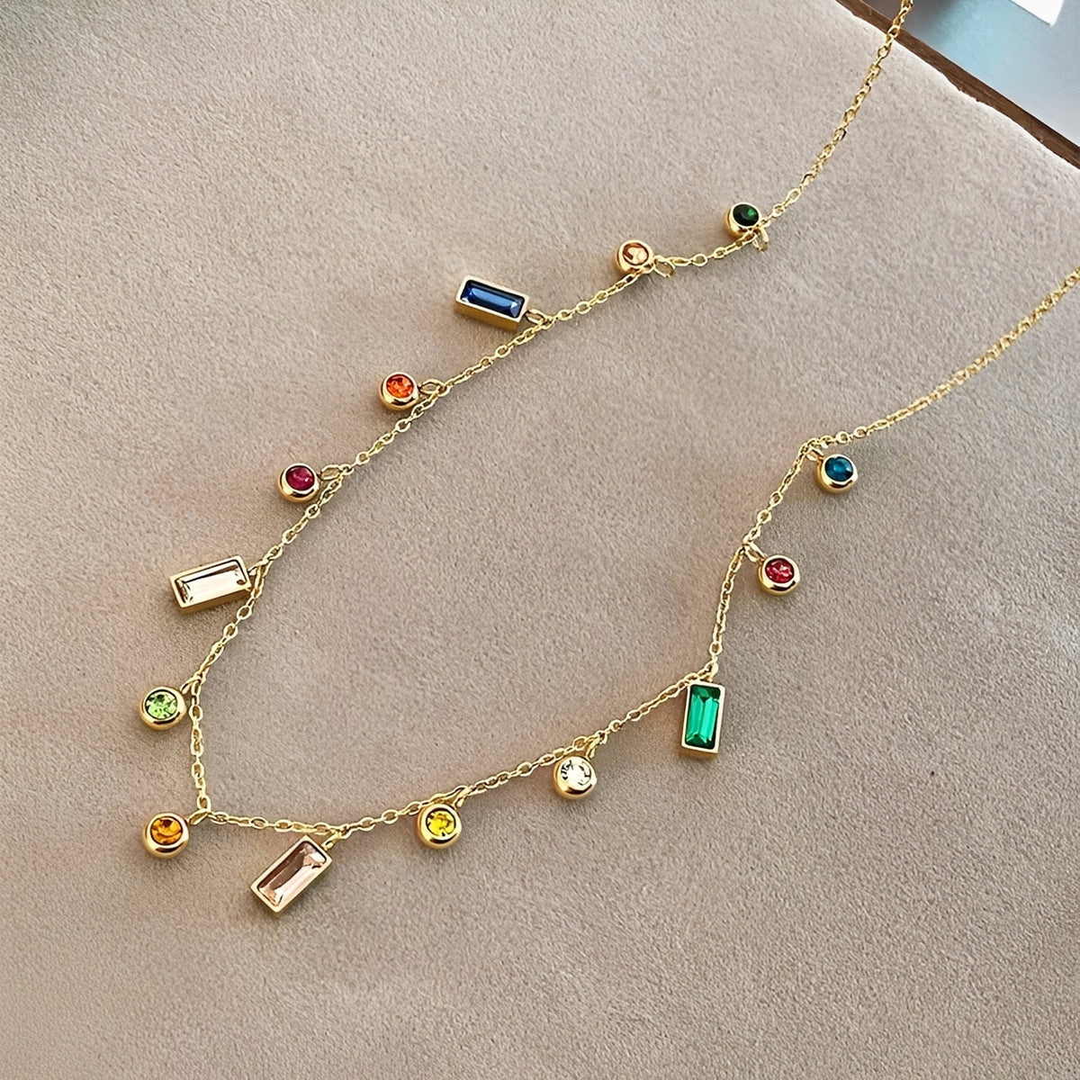 Women's Choker Necklace with Scattered Stone Accents in Round and Rectangular Shapes