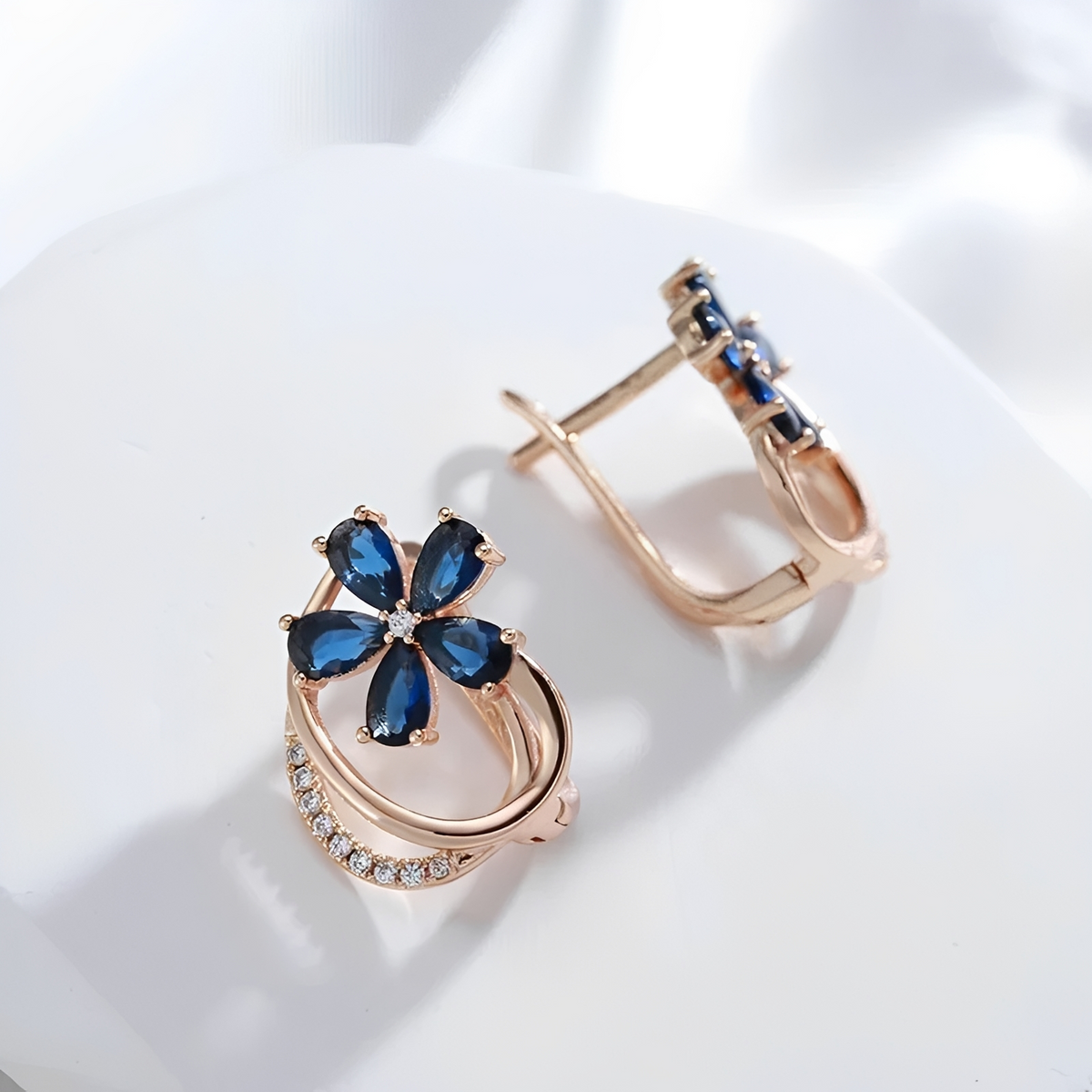 Women's Flower Earrings with Five-Petal Design and Stone Accents