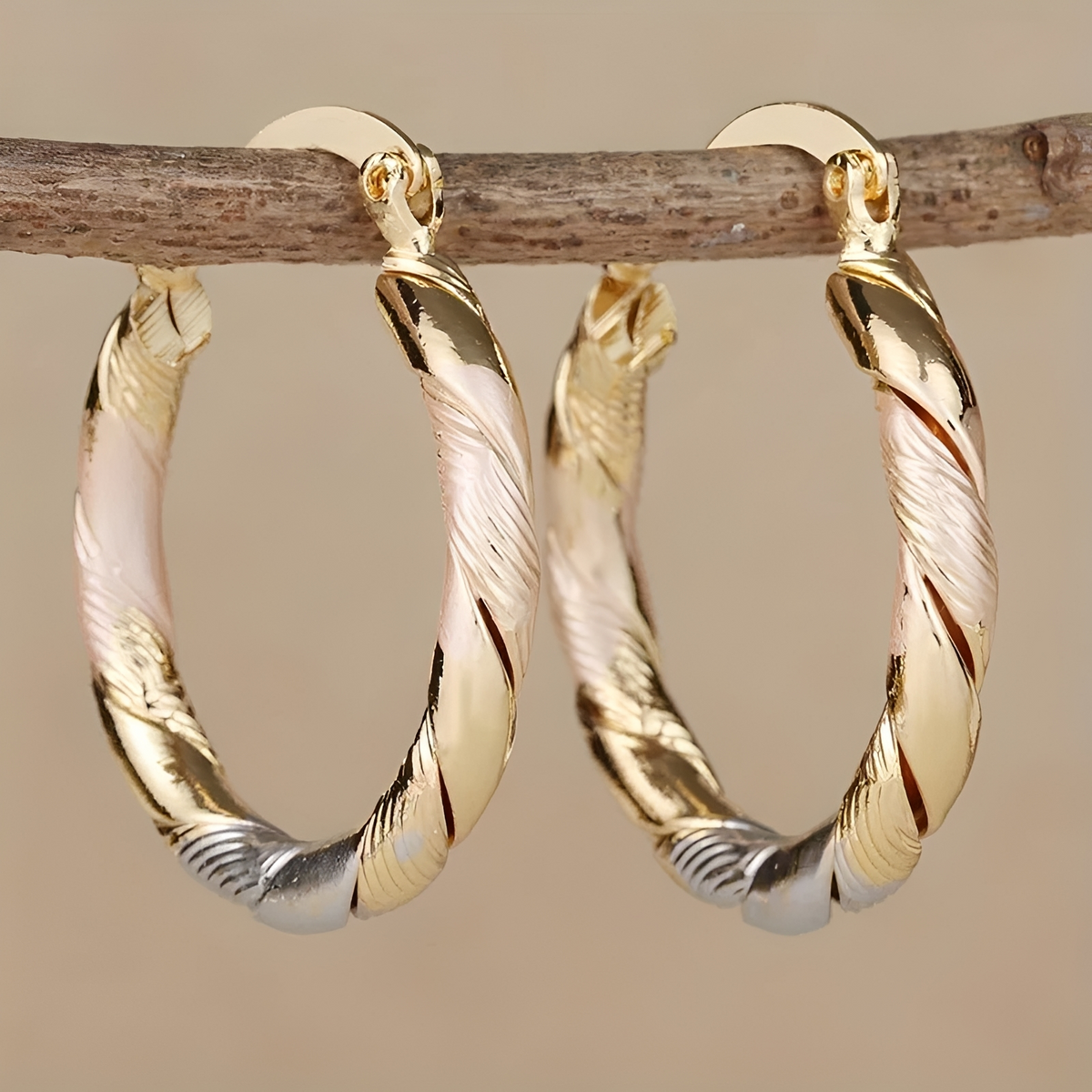 Women's Hoop Earrings with Three Contrast Design and Spiral Wrapped Shape