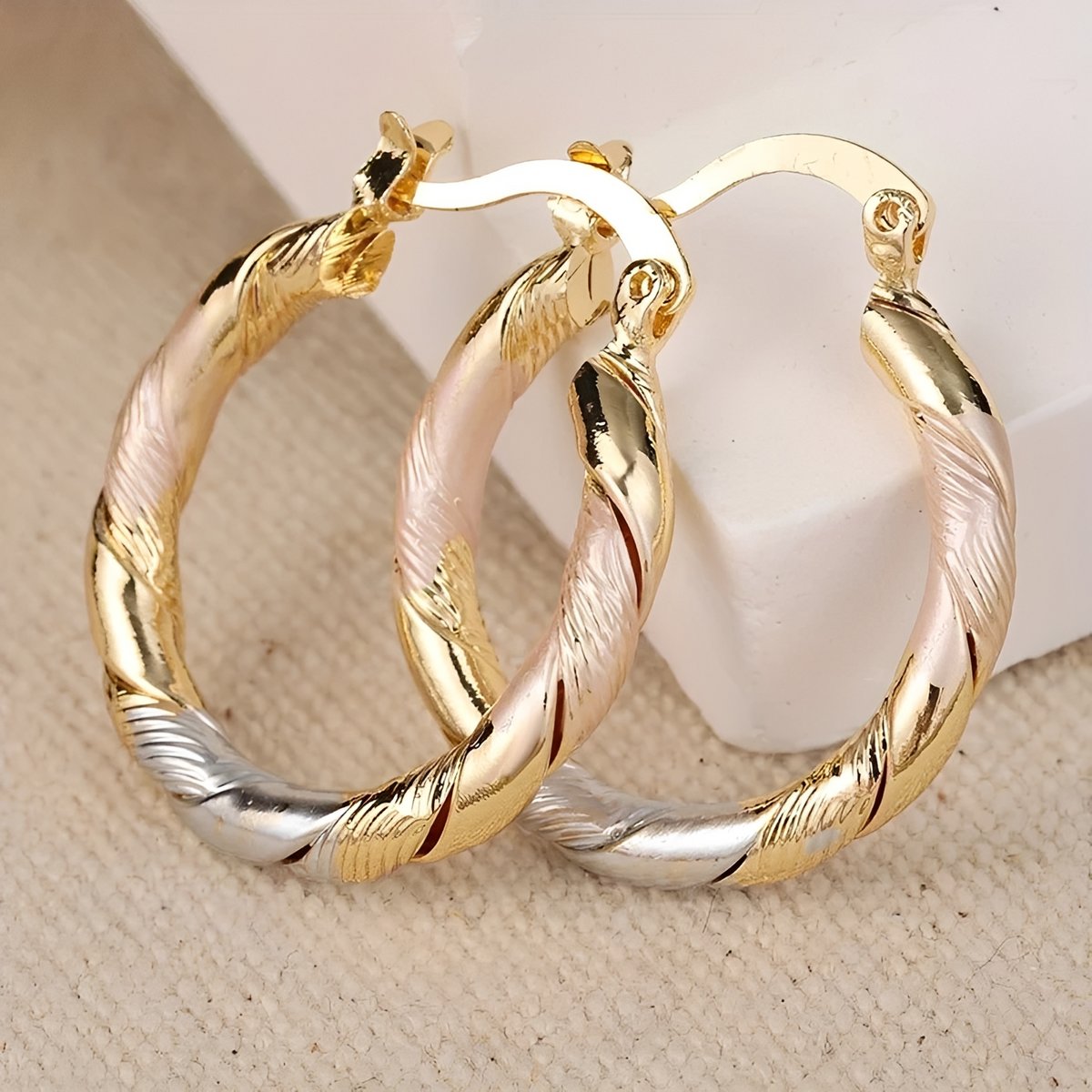 Women's Hoop Earrings with Three Contrast Design and Spiral Wrapped Shape