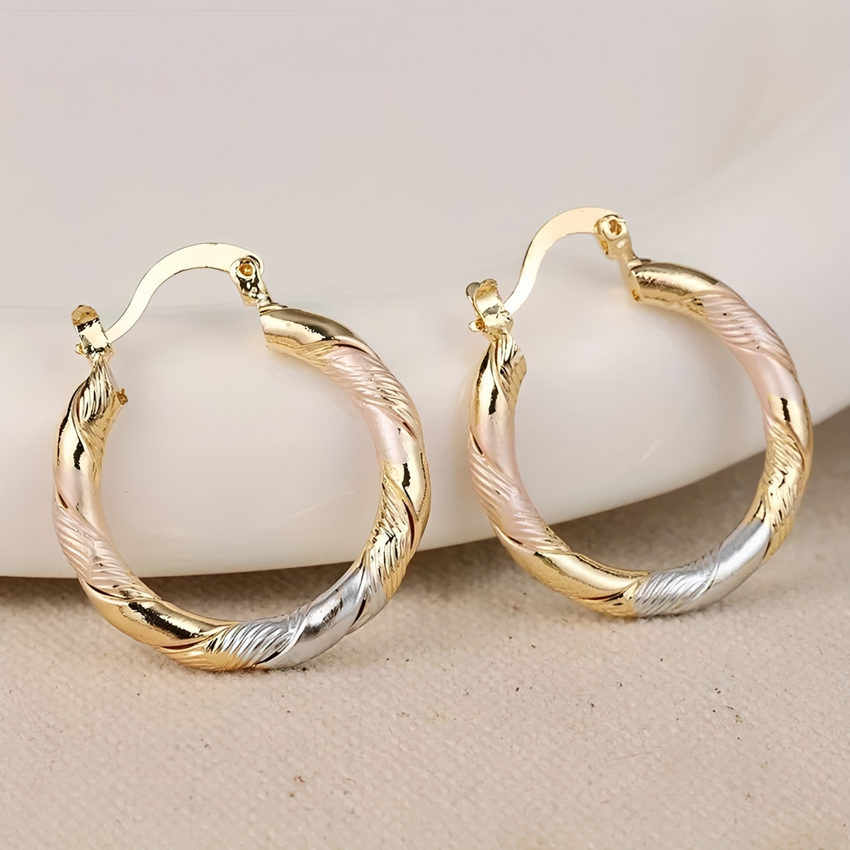 Women's Hoop Earrings with Three Contrast Design and Spiral Wrapped Shape